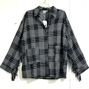 Grace And Emma Black Plaid Fringe Long Sleeve Flannel Shirt/jacket Size XL